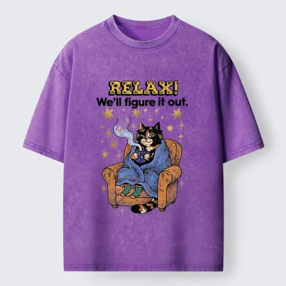 Tokyo-Tiger Chill Cat Relax Mode Washed T-Shirt