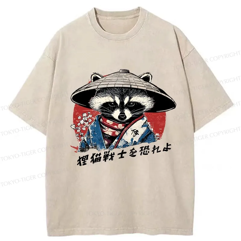 Tokyo-Tiger Japanese Raccoon Samurai Washed T-Shirt