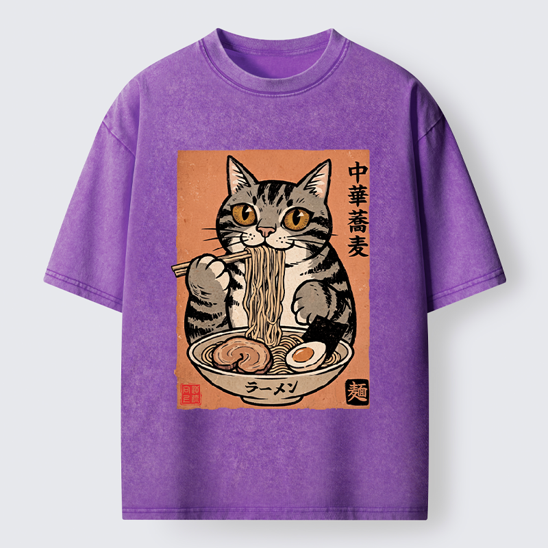 Tokyo‑Tiger Tanuki Eating Ramen Washed T-Shirt