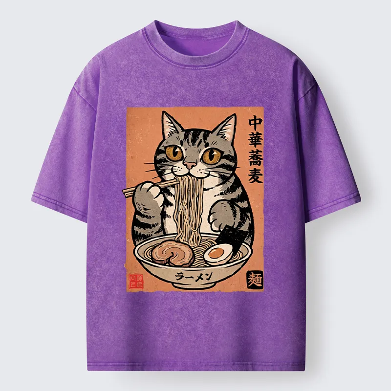 Tokyo‑Tiger Tanuki Eating Ramen Washed T-Shirt
