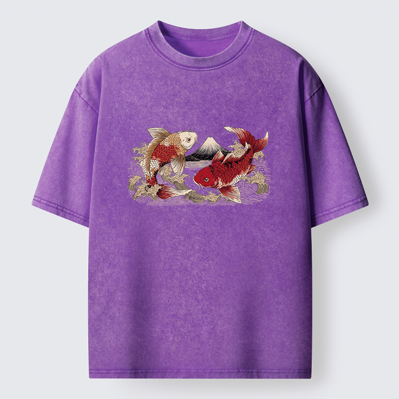 Tokyo‑Tiger Koi And Mount Fuji Washed T-Shirt