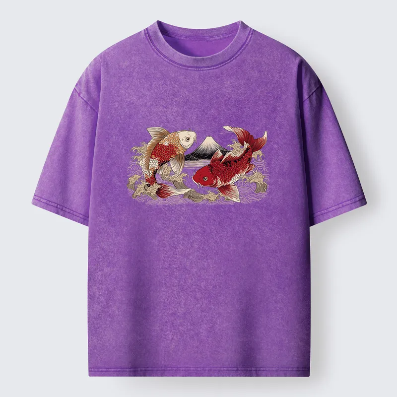Tokyo‑Tiger Koi And Mount Fuji Washed T-Shirt