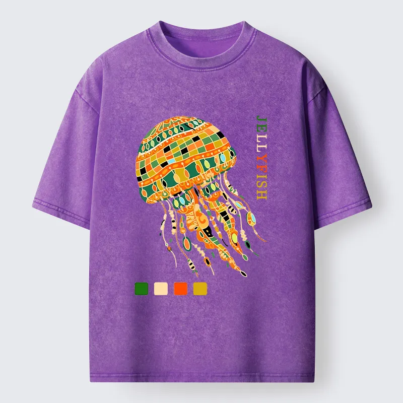 Tokyo‑Tiger Jellyfish Painting Art Washed T-Shirt