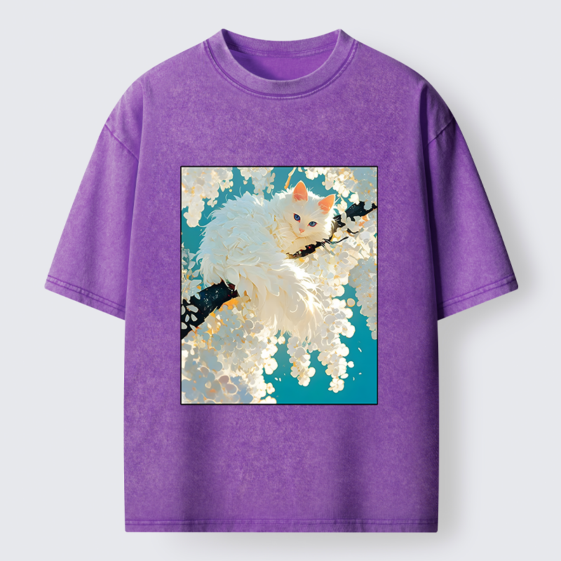 Tokyo‑Tiger Beautiful White Cat Art Washed T-Shirt