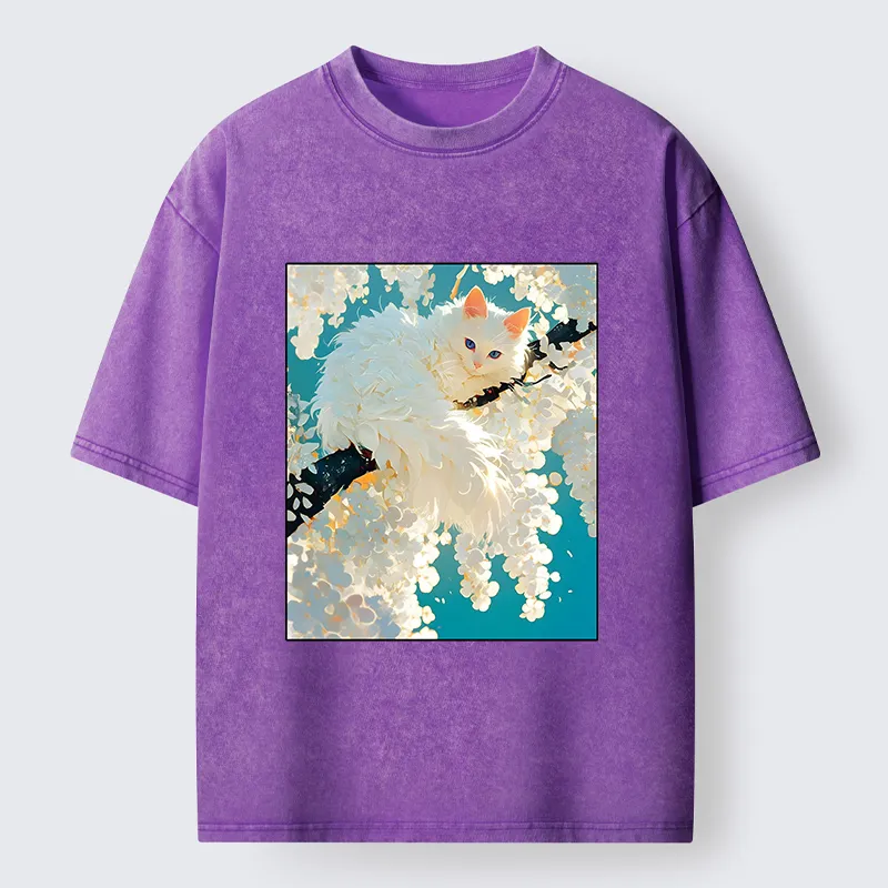 Tokyo‑Tiger Beautiful White Cat Art Washed T-Shirt