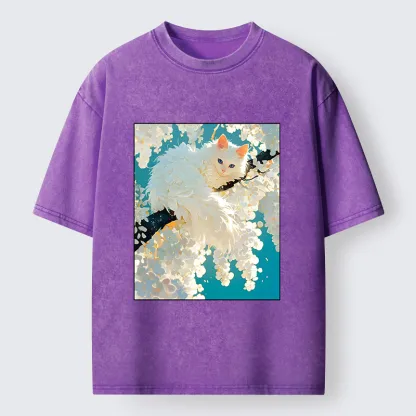 Tokyo‑Tiger Beautiful White Cat Art Washed T-Shirt