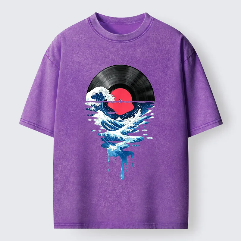 Tokyo‑Tiger Vinyl Records And Waves Washed T-Shirt
