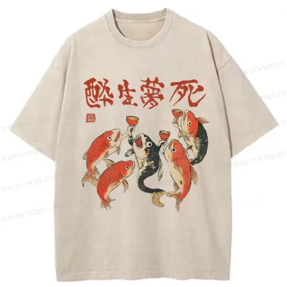 Tokyo-Tiger Funny Fish Drink Together Washed T-Shirt