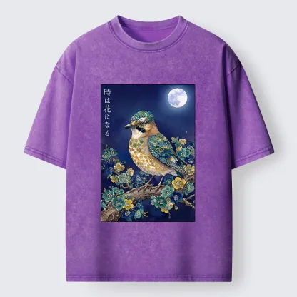 Tokyo-Tiger Moon Bird Floral Retro Art Washed T-Shirt