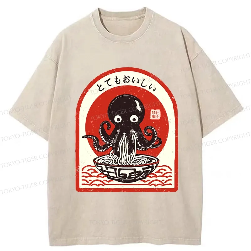 Tokyo-Tiger Ramen Lover Octopus Washed T-Shirt