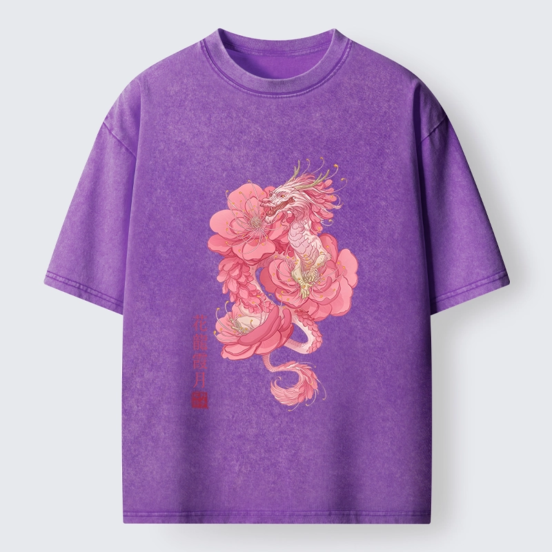 Tokyo-Tiger Pink Flower Dragon Washed T-Shirt