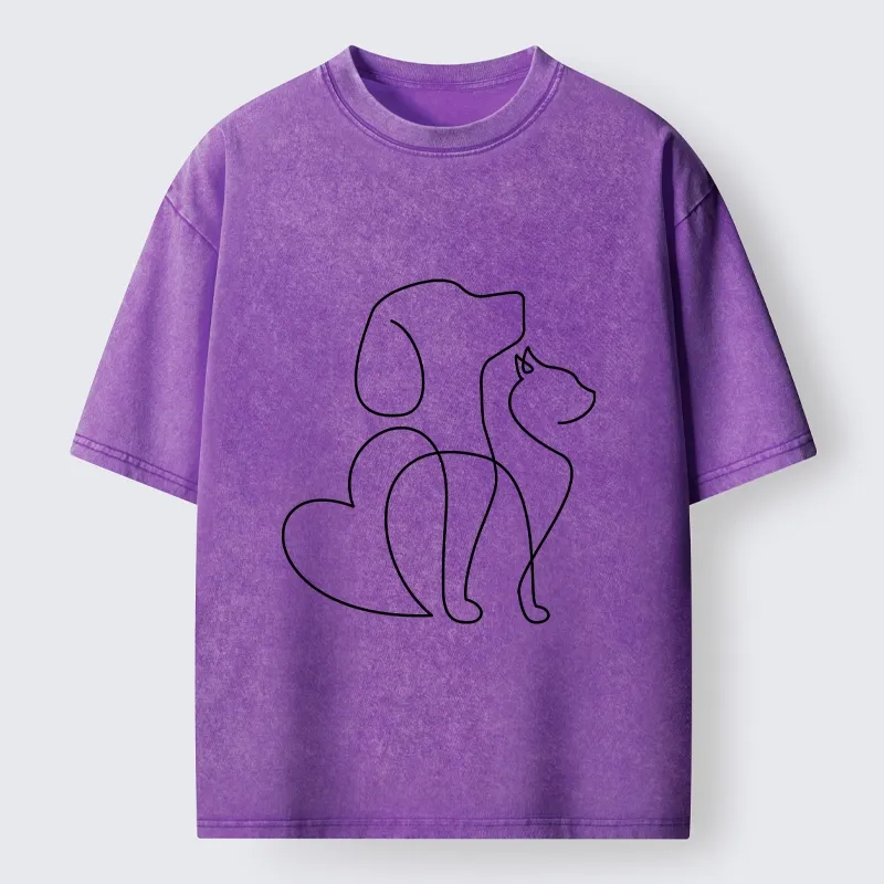 Tokyo-Tiger Cat Dog Love Line Art Washed T-Shirt
