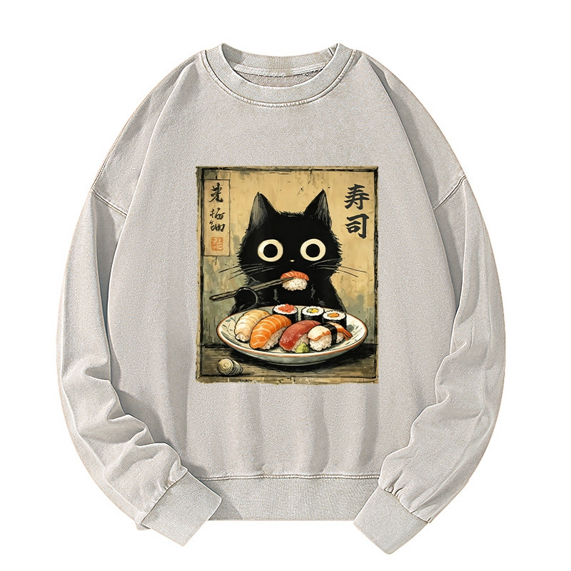 Tokyo-Tiger Vintage Japanese Sushi Cat Washed Sweatshirt
