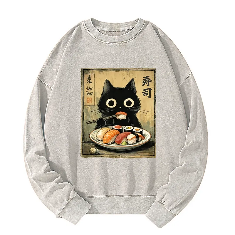 Tokyo-Tiger Vintage Japanese Sushi Cat Washed Sweatshirt