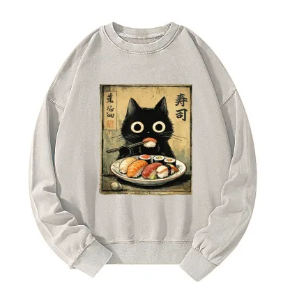 Tokyo-Tiger Vintage Japanese Sushi Cat Washed Sweatshirt