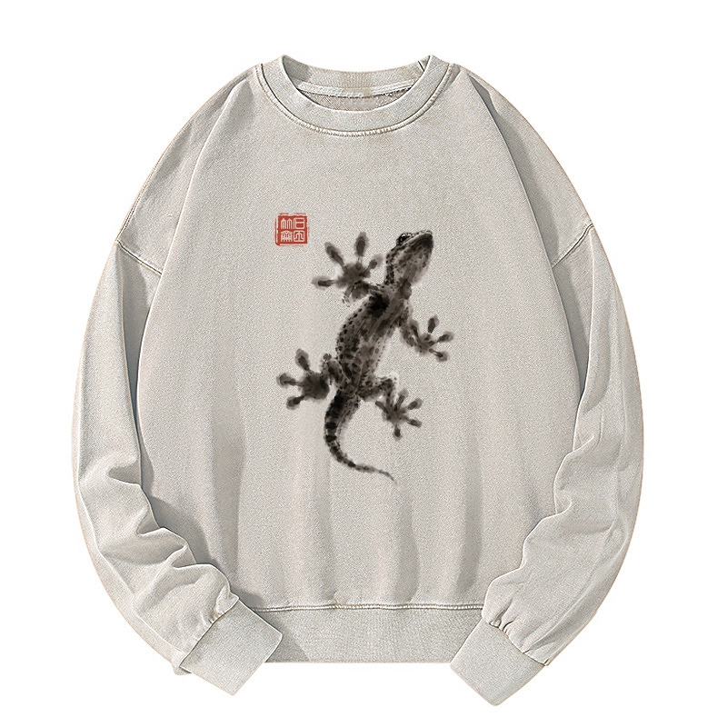 Tokyo-Tiger Minimal Asian Ink Brush Gecko Vibe Washed Sweatshirt