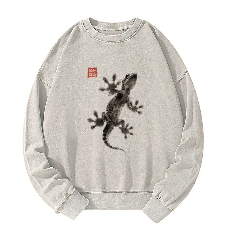Tokyo-Tiger Minimal Asian Ink Brush Gecko Vibe Washed Sweatshirt