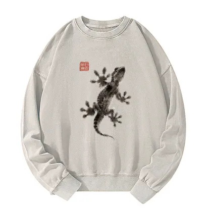 Tokyo-Tiger Minimal Asian Ink Brush Gecko Vibe Washed Sweatshirt