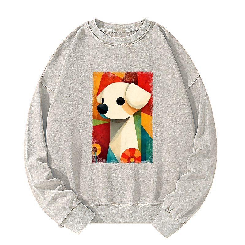 Tokyo-Tiger Retro Abstract Color Block Puppy Art Washed Sweatshirt