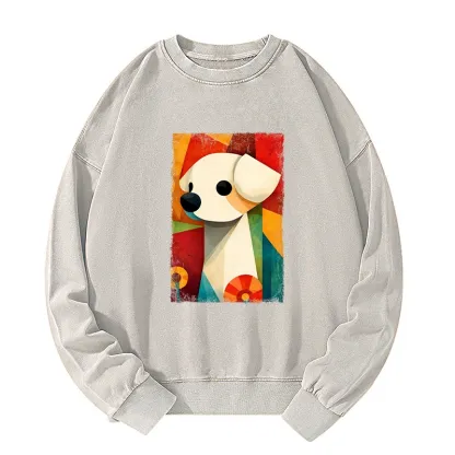 Tokyo-Tiger Retro Abstract Color Block Puppy Art Washed Sweatshirt