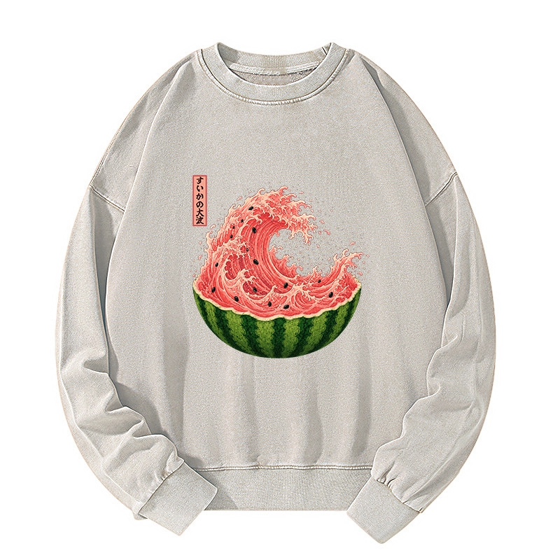 Tokyo-Tiger Watermelon Wave Summer Ukiyo Art Washed Sweatshirt