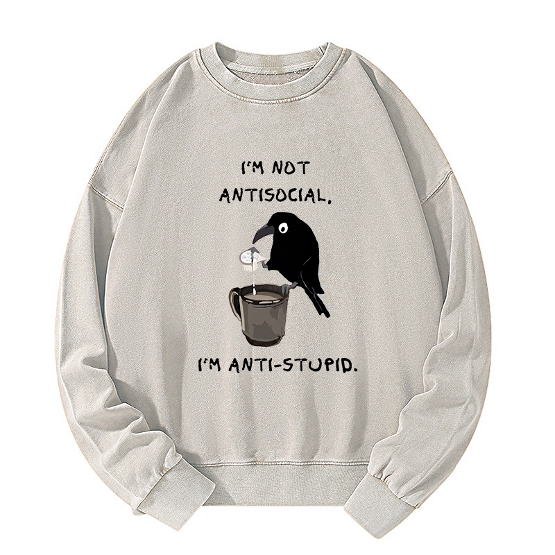 Tokyo-Tiger Cool Crow Sips Calm Coffee Alone Washed Sweatshirt