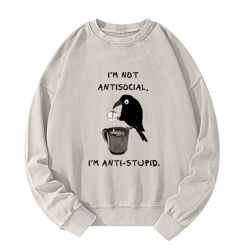 Tokyo-Tiger Cool Crow Sips Calm Coffee Alone Washed Sweatshirt