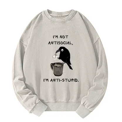 Tokyo-Tiger Cool Crow Sips Calm Coffee Alone Washed Sweatshirt