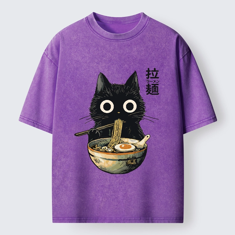 Tokyo-Tiger Funny Cat Ramen Feast Washed T-Shirt