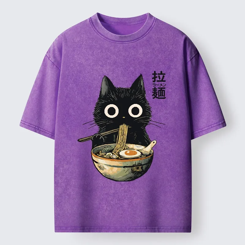 Tokyo-Tiger Funny Cat Ramen Feast Washed T-Shirt