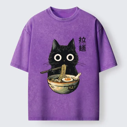 Tokyo-Tiger Funny Cat Ramen Feast Washed T-Shirt