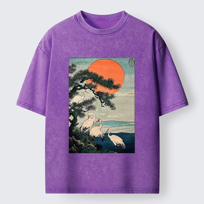 Tokyo‑Tiger Pine Crane Sunrise Washed T‑Shirt