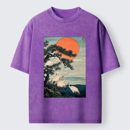 Tokyo‑Tiger Pine Crane Sunrise Washed T‑Shirt
