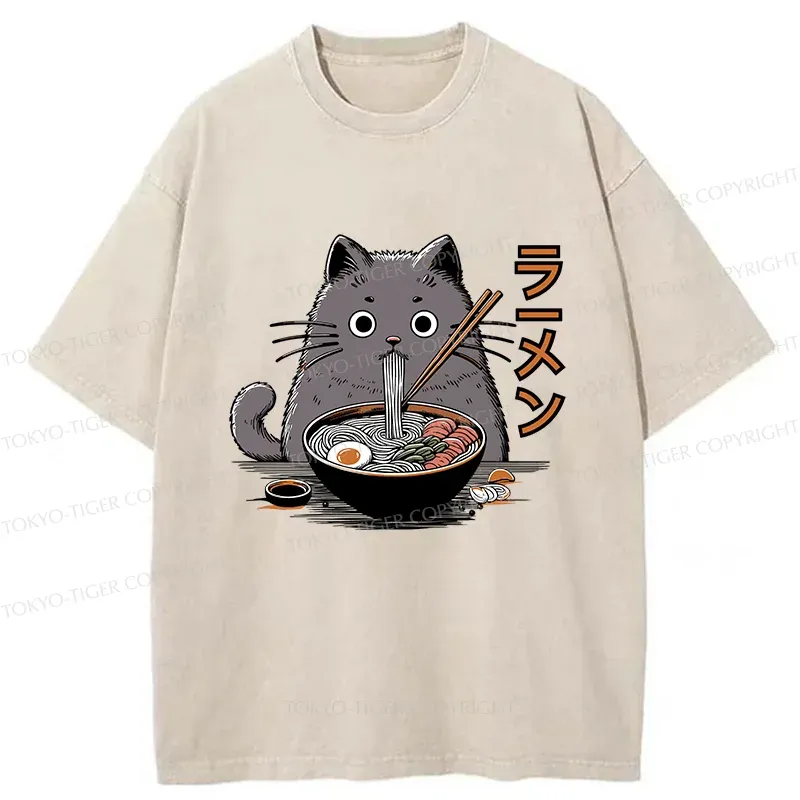 Tokyo-Tiger Kawaii Cat Ramen Washed T-Shirt