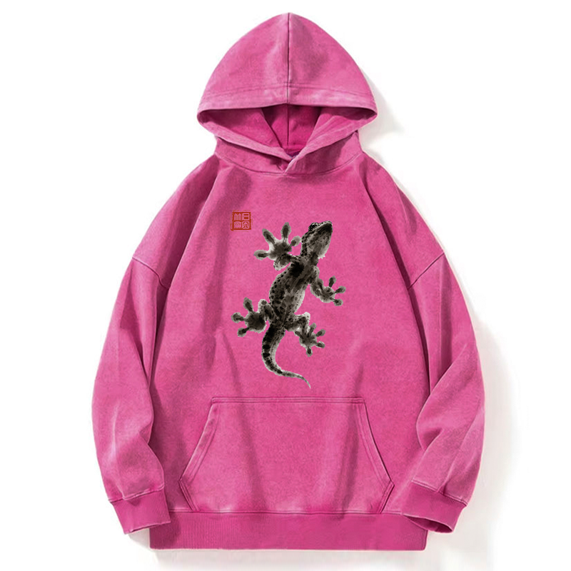 Tokyo-Tiger Minimal Asian Ink Brush Gecko Vibe Washed Hoodie