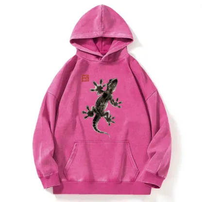 Tokyo-Tiger Minimal Asian Ink Brush Gecko Vibe Washed Hoodie