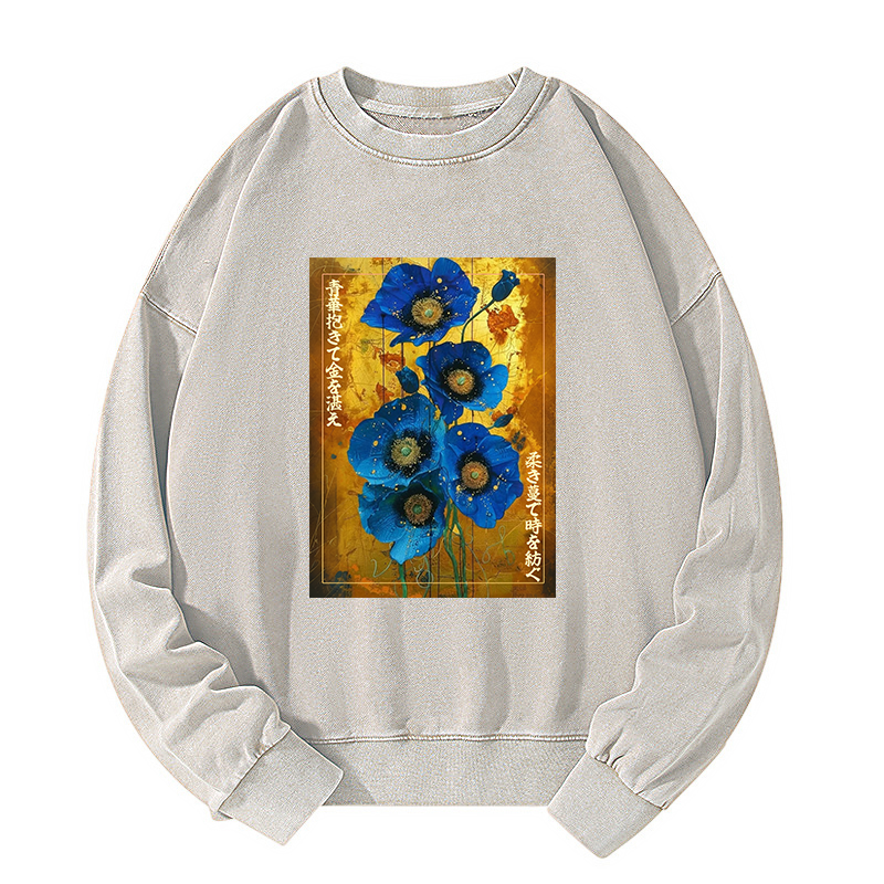 Tokyo-Tiger Shiny Blue Flower Warm Golden Background Washed Sweatshirt