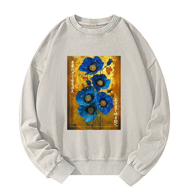 Tokyo-Tiger Shiny Blue Flower Warm Golden Background Washed Sweatshirt
