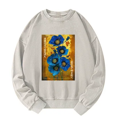 Tokyo-Tiger Shiny Blue Flower Warm Golden Background Washed Sweatshirt