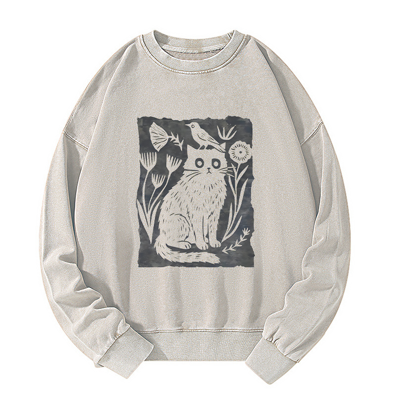 Tokyo-Tiger Folk Paper Cut Cat Bird Floral Art Washed Sweatshirt