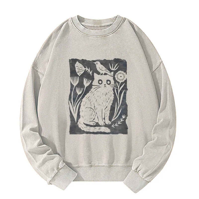 Tokyo-Tiger Folk Paper Cut Cat Bird Floral Art Washed Sweatshirt