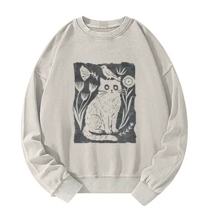 Tokyo-Tiger Folk Paper Cut Cat Bird Floral Art Washed Sweatshirt