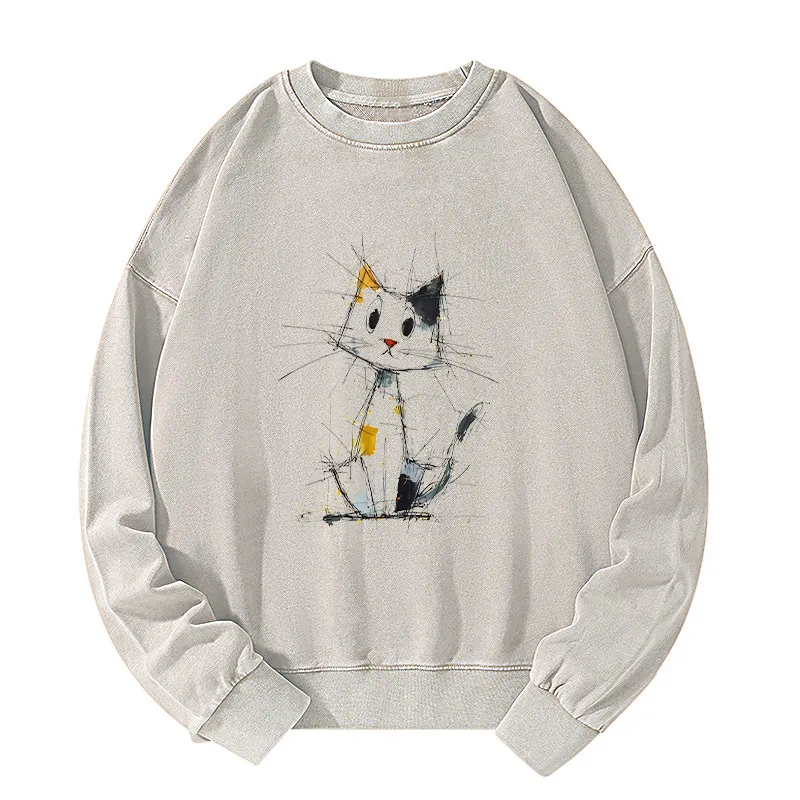Tokyo-Tiger Minimal Splash Ink Cute Cat Washed Sweatshirt