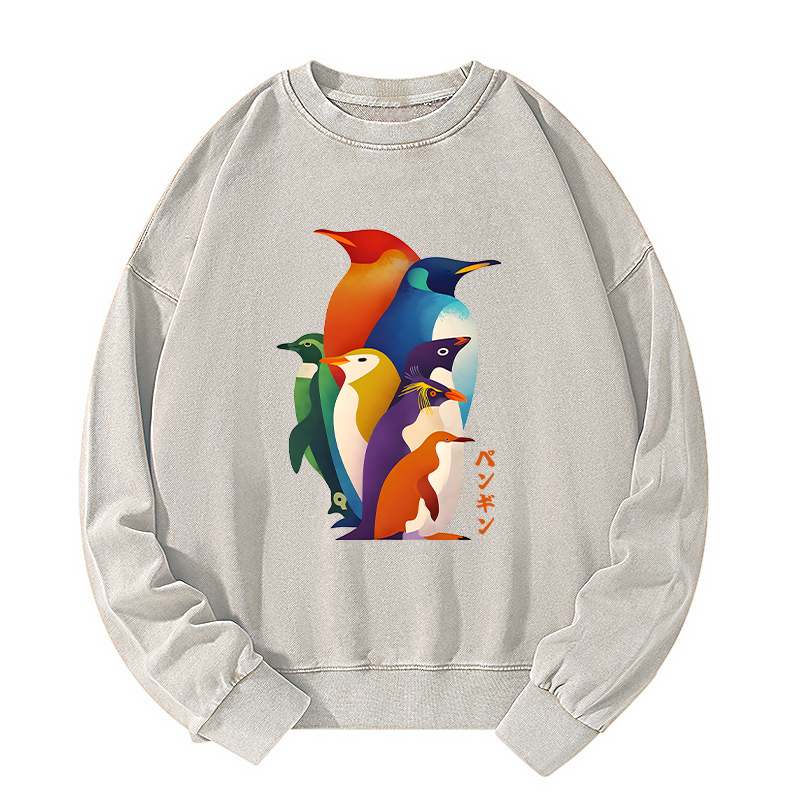 Tokyo-Tiger Cute Multi Tone Penguins Washed Sweatshirt