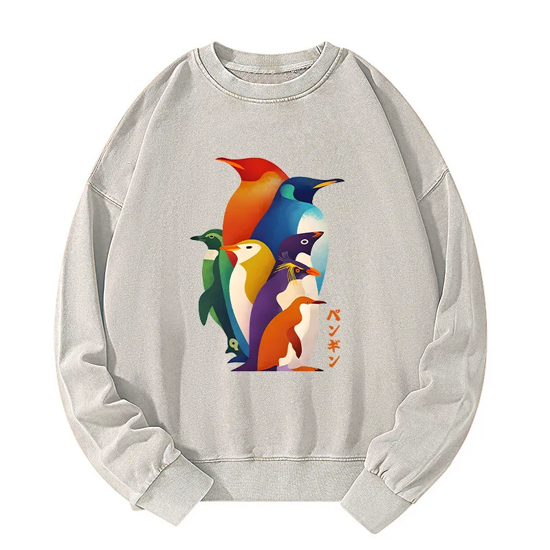Tokyo-Tiger Cute Multi Tone Penguins Washed Sweatshirt Sale