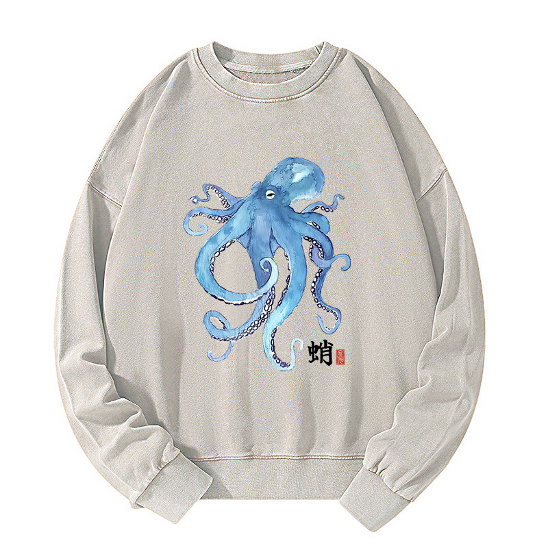 Tokyo-Tiger Watercolor Blue Octopus Washed Sweatshirt
