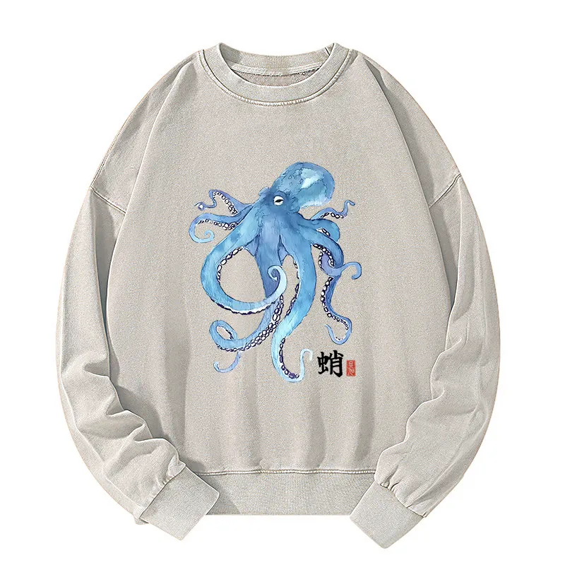 Tokyo-Tiger Watercolor Blue Octopus Washed Sweatshirt