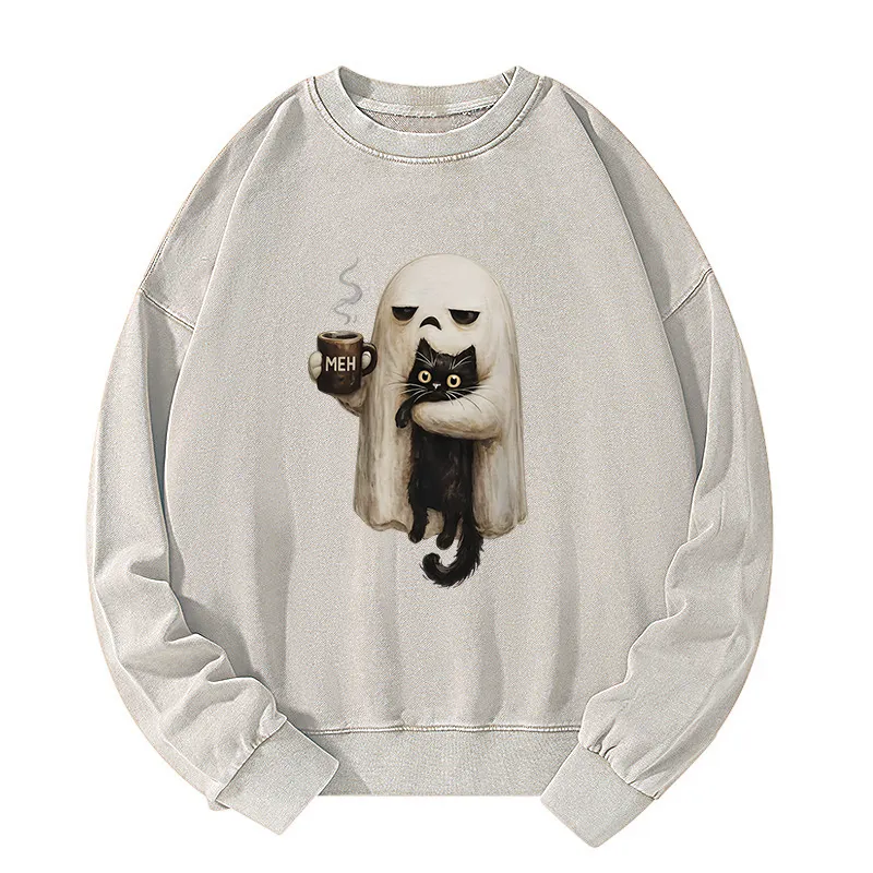 Tokyo-Tiger Ghost Cat Coffee Mood Washed Sweatshirt