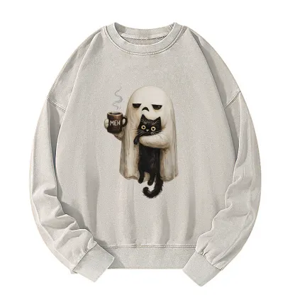 Tokyo-Tiger Ghost Cat Coffee Mood Washed Sweatshirt