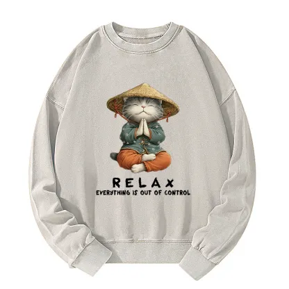 Tokyo-Tiger Zen Relax Cat Graphic Washed Sweatshirt